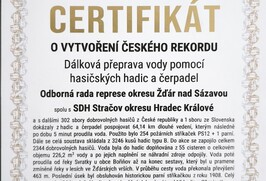 Certifikát o vytvoření českého rekordu - dálková doprava vody pomocí hadic a čerpadel
